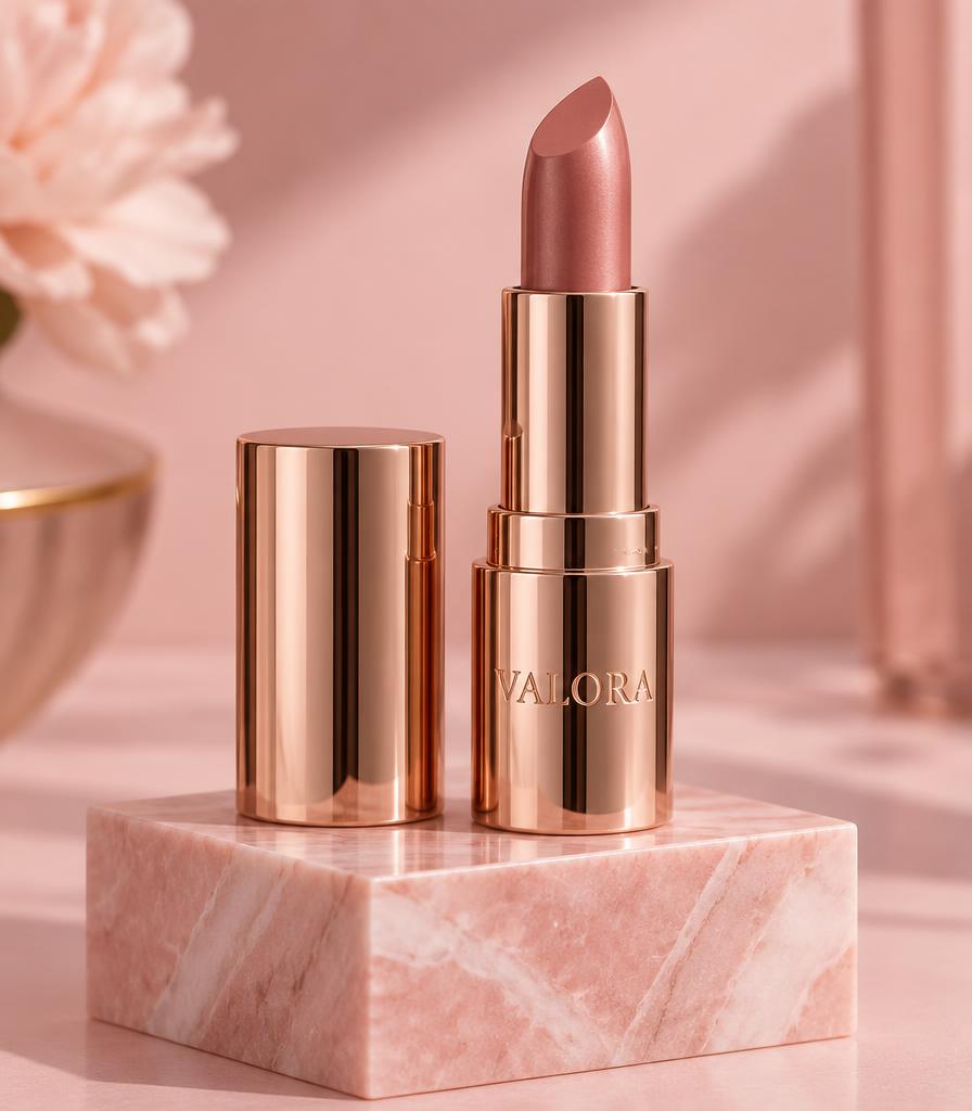 Valora Rose Satin Lipstick in a rose gold case on pink marble