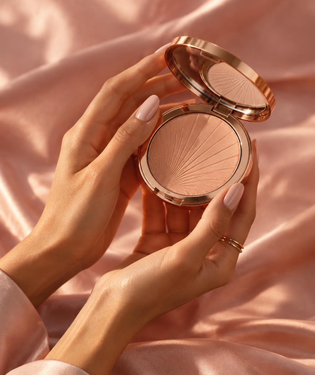 Makeup rose gold compact held on blush silk