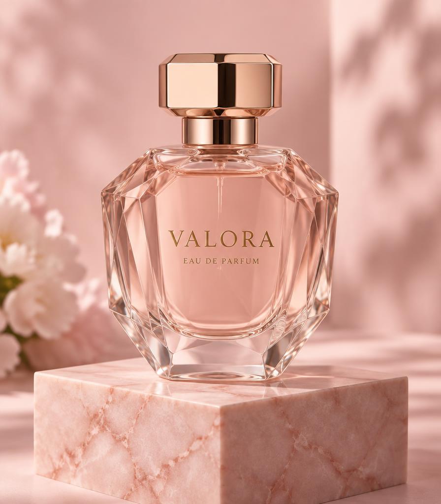 Rose Porcelain eau de parfum on pink marble with the Valora label